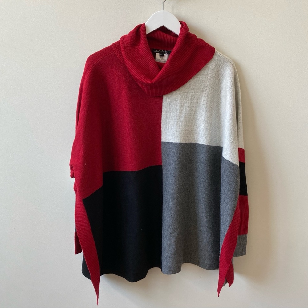 CHARLIE B Red and Gray Turtleneck Poncho Long Sleeve Sweater Women’s Size Large